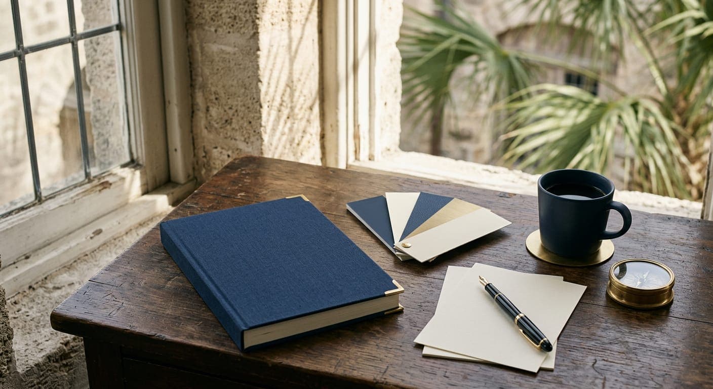 A navy brand book, color swatches and a fountain pen on a desk beside a coquina-stone window in St. Augustine