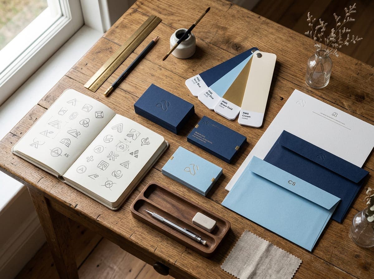 Brand design work in progress: printed layouts, color chips and sketches on a studio table