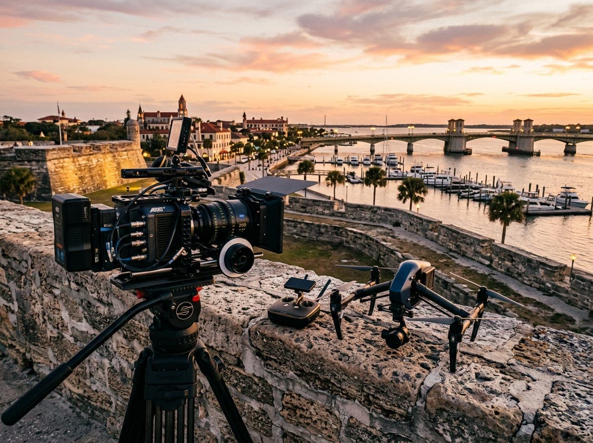 A cinema camera and drone overlooking the St. Augustine bayfront at golden hour